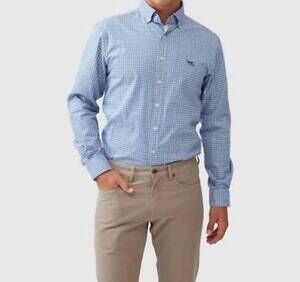 NEW RODD & GUNN men's gunn check oxford long sleeve shirt in sea blue